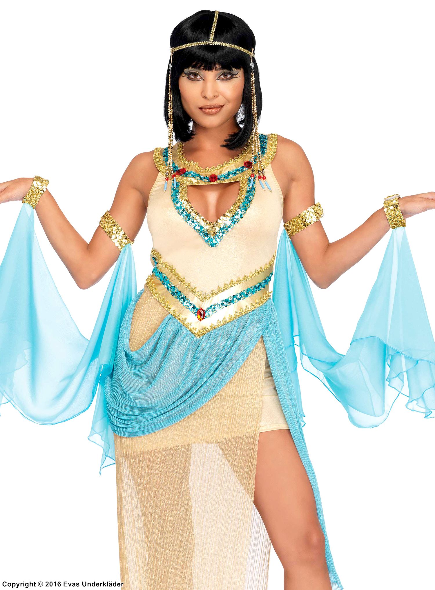 Egyptian queen Cleopatra, costume dress, rhinestones, sequins, pleats, keyhole